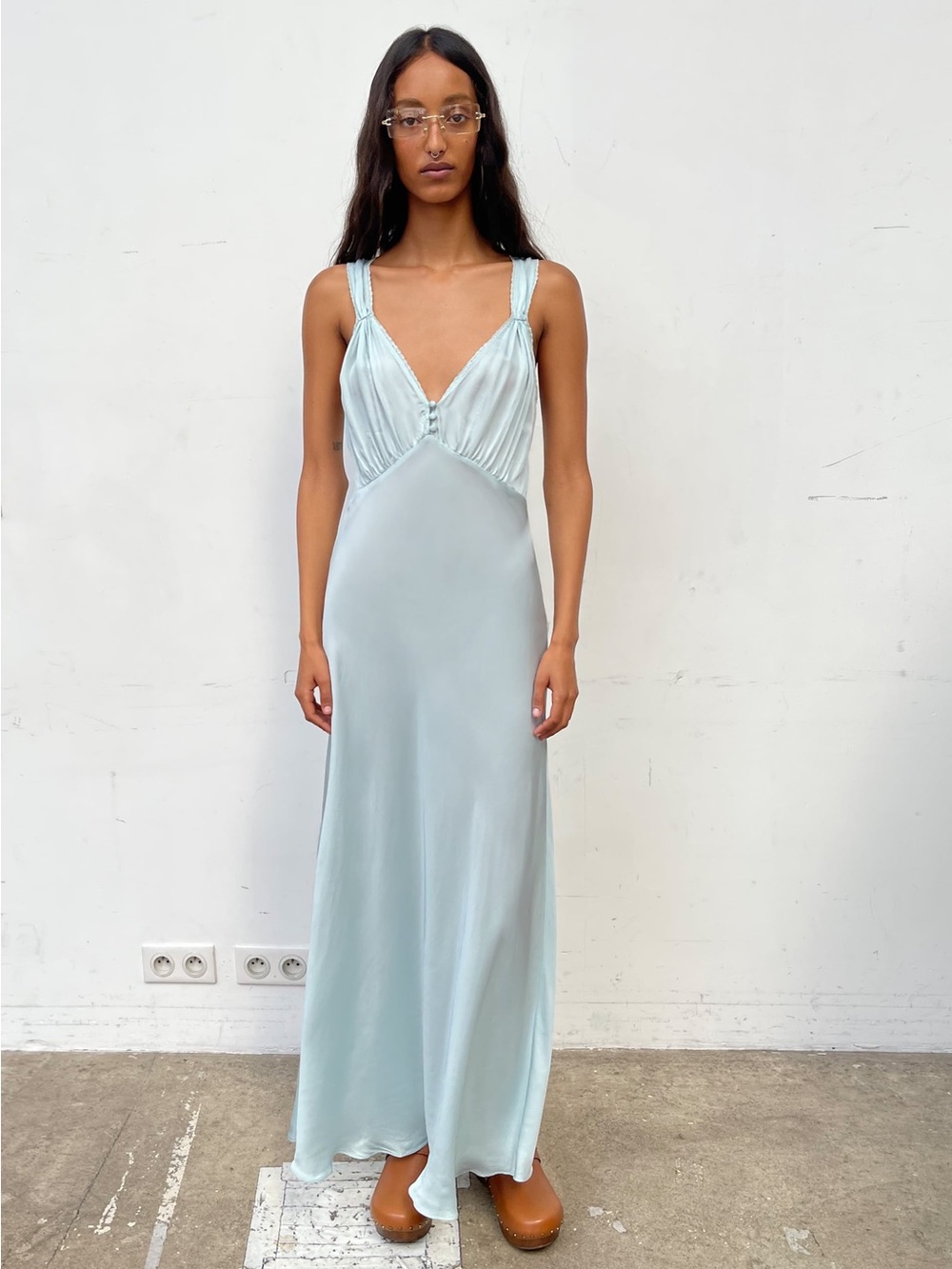 Light Blue Satin V-Neck Slip Dress